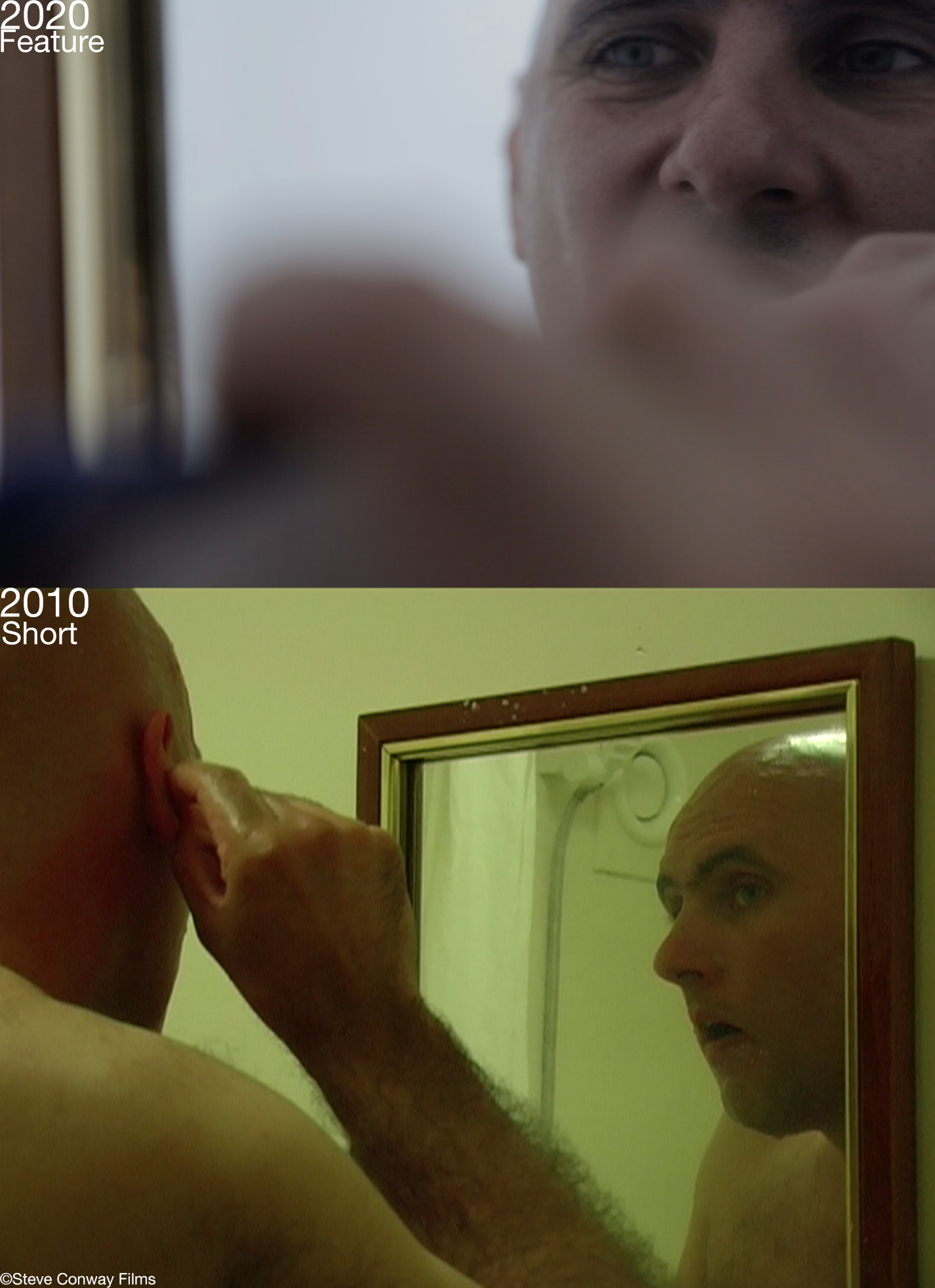 Comparison images of the ten year gap between film projects. Two images of a mine sat on sofa ten years difference, the same with same man in stood in bathroom mirror. 